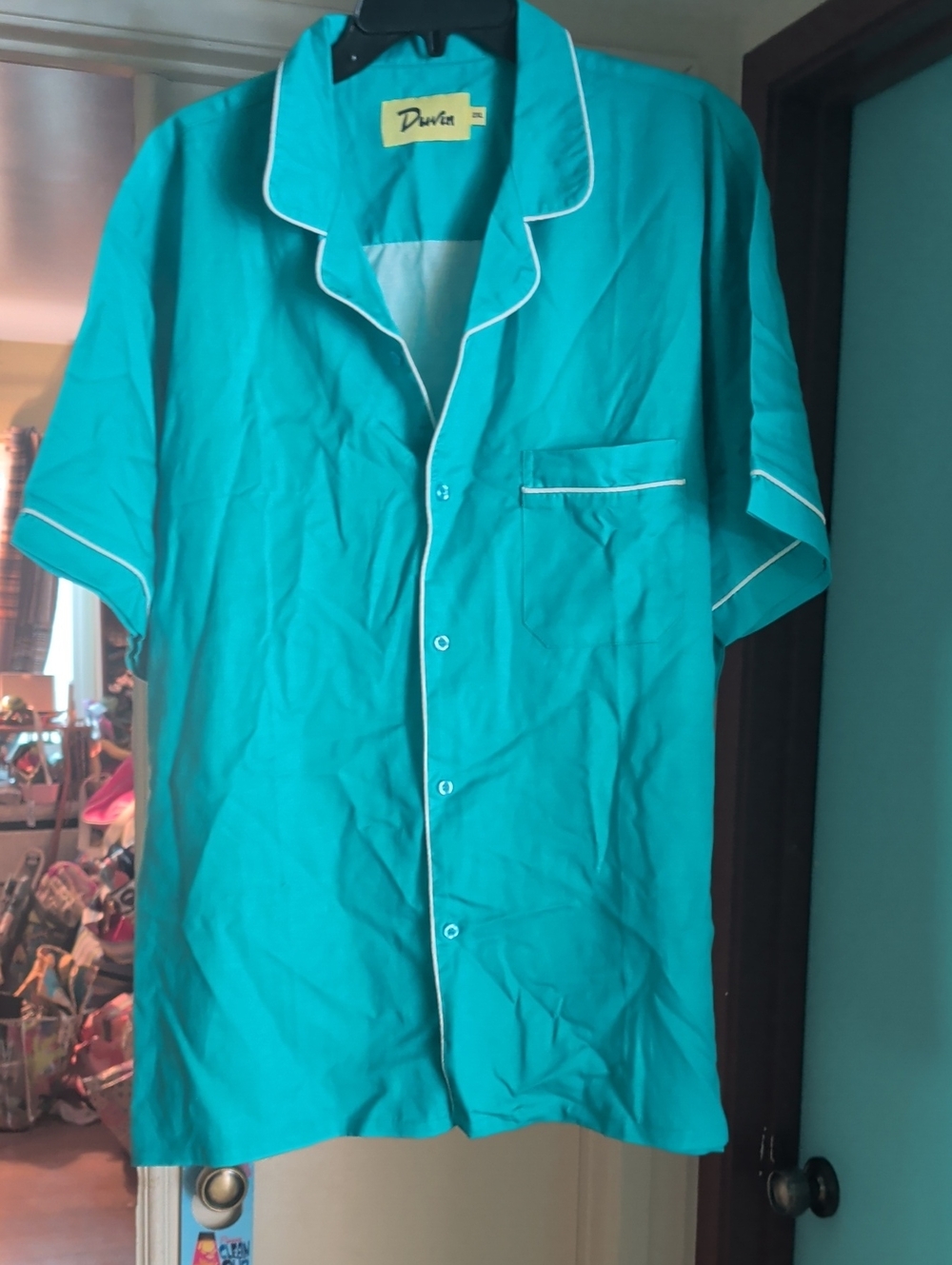 Duvin Aqua Short-Sleeve Button-Up Shirt with Contrast Piping Retro Mens 2XL XXL